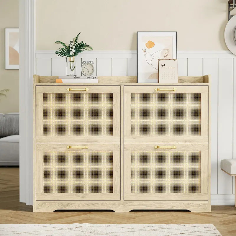 [Fall Sale] 4-Drawer Freestanding Rattan Shoe Rack - MDF Wood, Breathable Woven Panels, Geometric Design, Dustproof, Expandable, Adjustable, Natural-Look Home Organizer for Entryway Storage Solution
