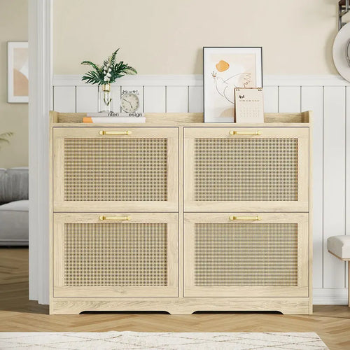 [Fall Sale] 4-Drawer Freestanding Rattan Shoe Rack - MDF Wood, Breathable Woven Panels, Geometric Design, Dustproof, Expandable, Adjustable, Natural-Look Home Organizer for Entryway Storage Solution