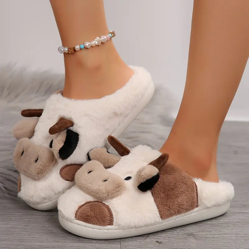 Cartoon Slippers Cute Cow Animal Shape Slippers Thick Sole Soft Indoor Outdoor Slippers for Snow House Women Men