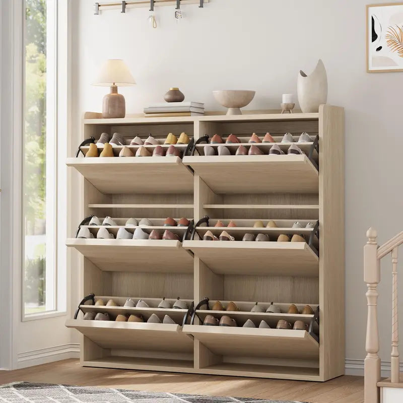 6-Door Wooden Shoe Cabinet - Narrow Rectangular Single Unit Shoe Rack with Adjustable Shelf, Hidden Storage Drawer, Easy Install for Entryway & Hallway, Hidden Drawer