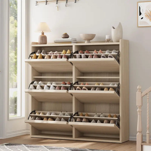 6-Door Wooden Shoe Cabinet - Narrow Rectangular Single Unit Shoe Rack with Adjustable Shelf, Hidden Storage Drawer, Easy Install for Entryway & Hallway, Hidden Drawer