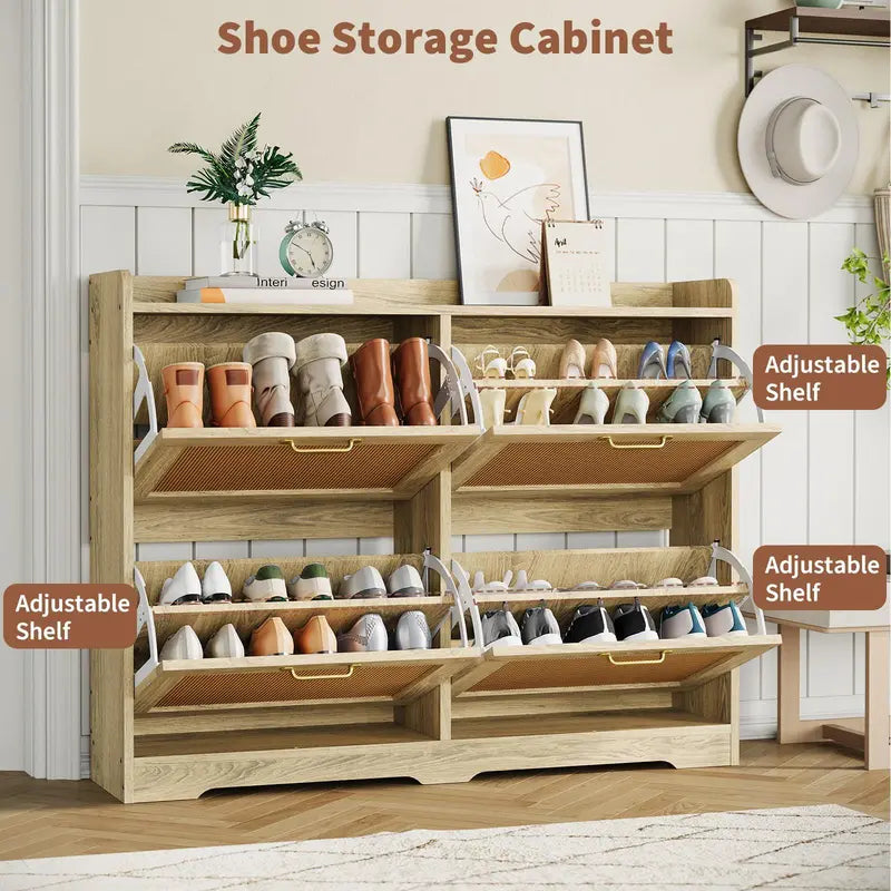 [Fall Sale] 4-Drawer Freestanding Rattan Shoe Rack - MDF Wood, Breathable Woven Panels, Geometric Design, Dustproof, Expandable, Adjustable, Natural-Look Home Organizer for Entryway Storage Solution