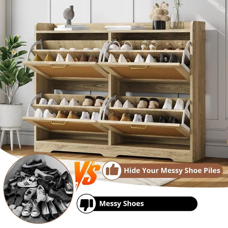 [Fall Sale] 4-Drawer Freestanding Rattan Shoe Rack - MDF Wood, Breathable Woven Panels, Geometric Design, Dustproof, Expandable, Adjustable, Natural-Look Home Organizer for Entryway Storage Solution