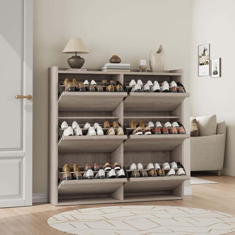 6-Door Wooden Shoe Cabinet - Narrow Rectangular Single Unit Shoe Rack with Adjustable Shelf, Hidden Storage Drawer, Easy Install for Entryway & Hallway, Hidden Drawer