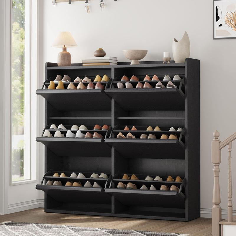 6-Door Wooden Shoe Cabinet - Narrow Rectangular Single Unit Shoe Rack with Adjustable Shelf, Hidden Storage Drawer, Easy Install for Entryway & Hallway, Hidden Drawer