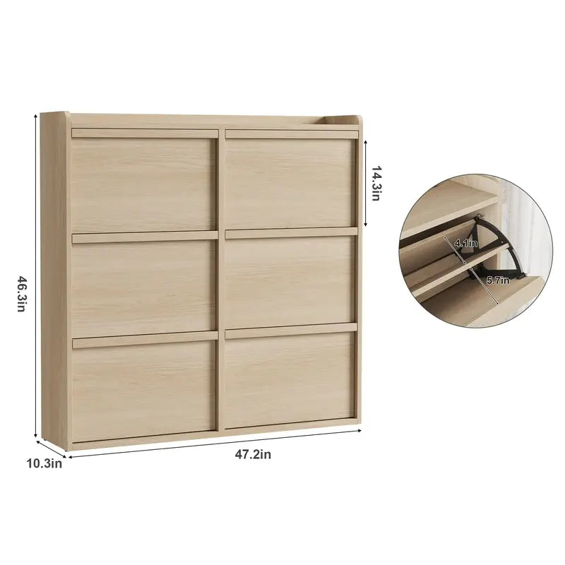 6-Door Wooden Shoe Cabinet - Narrow Rectangular Single Unit Shoe Rack with Adjustable Shelf, Hidden Storage Drawer, Easy Install for Entryway & Hallway, Hidden Drawer
