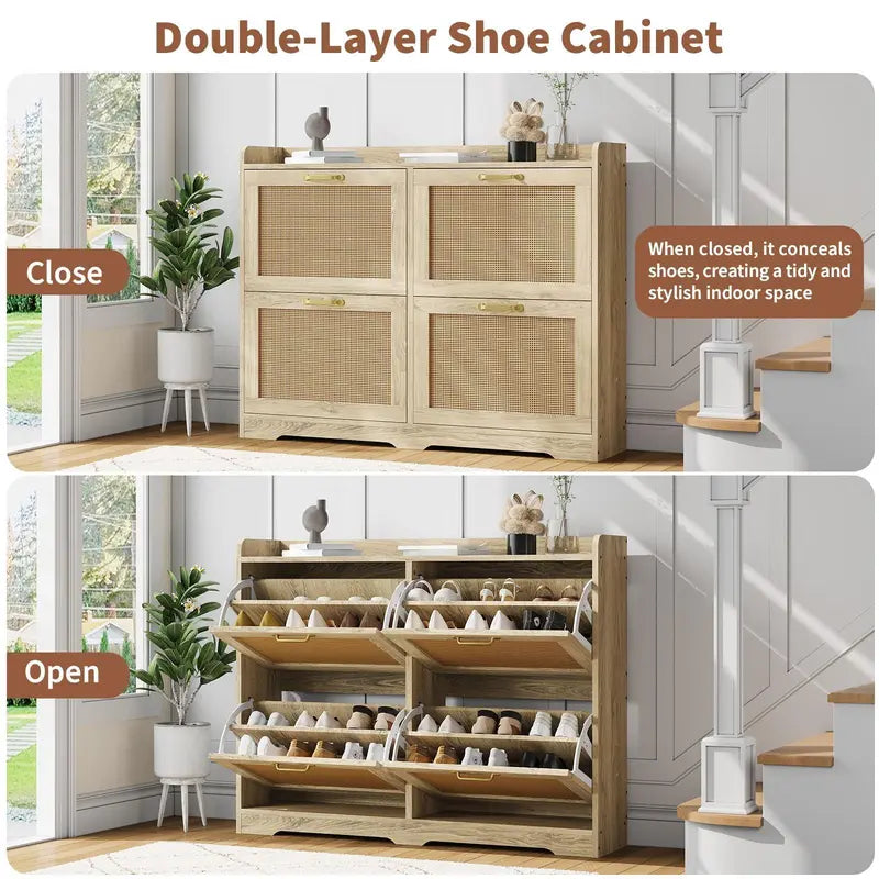 [Fall Sale] 4-Drawer Freestanding Rattan Shoe Rack - MDF Wood, Breathable Woven Panels, Geometric Design, Dustproof, Expandable, Adjustable, Natural-Look Home Organizer for Entryway Storage Solution