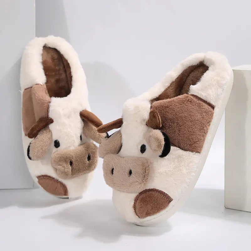 Cartoon Slippers Cute Cow Animal Shape Slippers Thick Sole Soft Indoor Outdoor Slippers for Snow House Women Men