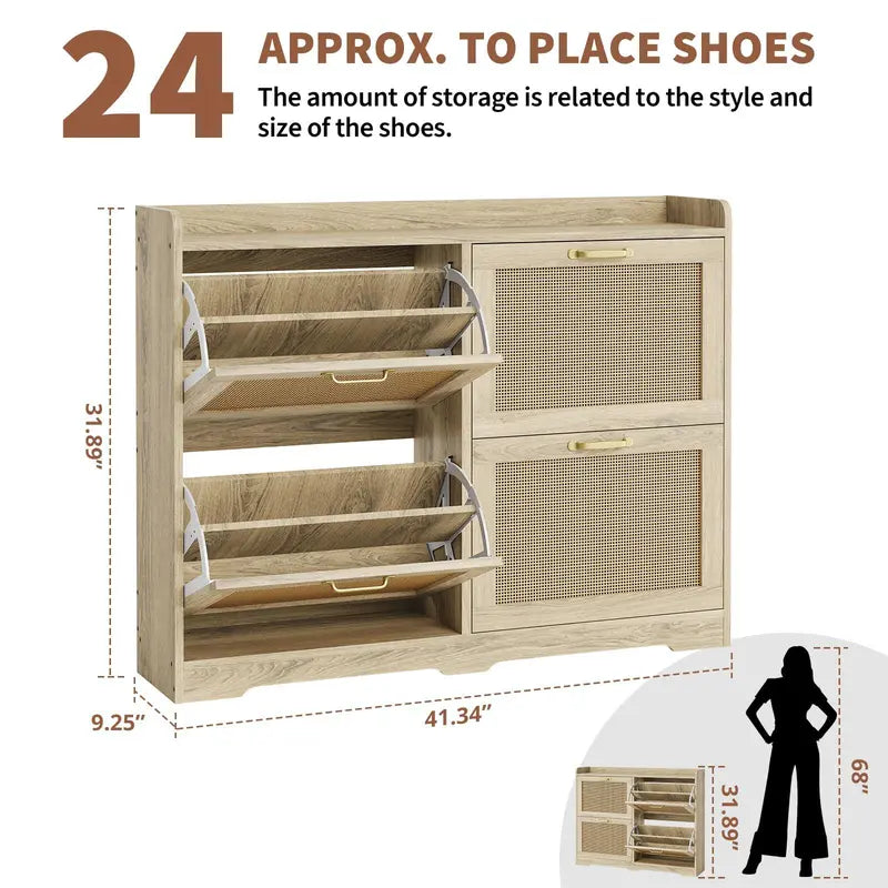 [Fall Sale] 4-Drawer Freestanding Rattan Shoe Rack - MDF Wood, Breathable Woven Panels, Geometric Design, Dustproof, Expandable, Adjustable, Natural-Look Home Organizer for Entryway Storage Solution