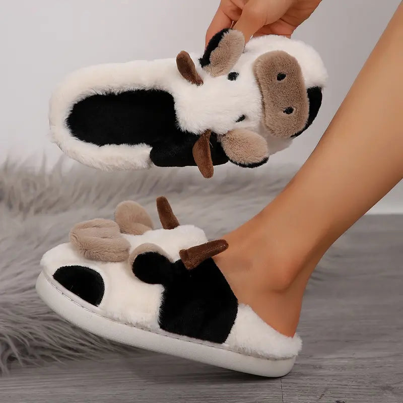 Cartoon Slippers Cute Cow Animal Shape Slippers Thick Sole Soft Indoor Outdoor Slippers for Snow House Women Men