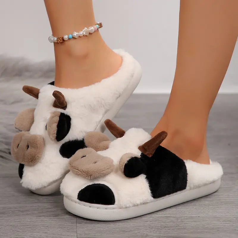 Cartoon Slippers Cute Cow Animal Shape Slippers Thick Sole Soft Indoor Outdoor Slippers for Snow House Women Men
