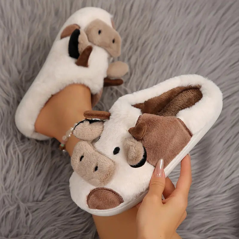 Cartoon Slippers Cute Cow Animal Shape Slippers Thick Sole Soft Indoor Outdoor Slippers for Snow House Women Men