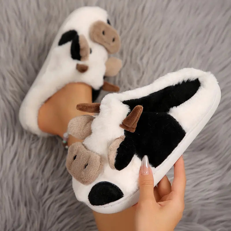 Cartoon Slippers Cute Cow Animal Shape Slippers Thick Sole Soft Indoor Outdoor Slippers for Snow House Women Men