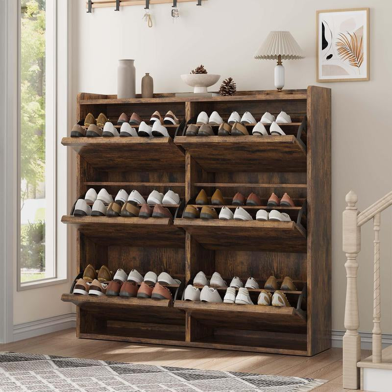 6-Door Wooden Shoe Cabinet - Narrow Rectangular Single Unit Shoe Rack with Adjustable Shelf, Hidden Storage Drawer, Easy Install for Entryway & Hallway, Hidden Drawer