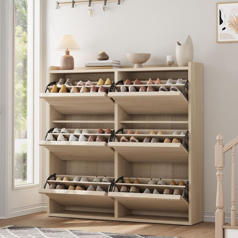 6-Door Wooden Shoe Cabinet - Narrow Rectangular Single Unit Shoe Rack with Adjustable Shelf, Hidden Storage Drawer, Easy Install for Entryway & Hallway, Hidden Drawer