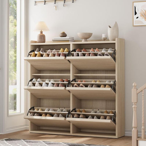 6-Door Wooden Shoe Cabinet - Narrow Rectangular Single Unit Shoe Rack with Adjustable Shelf, Hidden Storage Drawer, Easy Install for Entryway & Hallway, Hidden Drawer