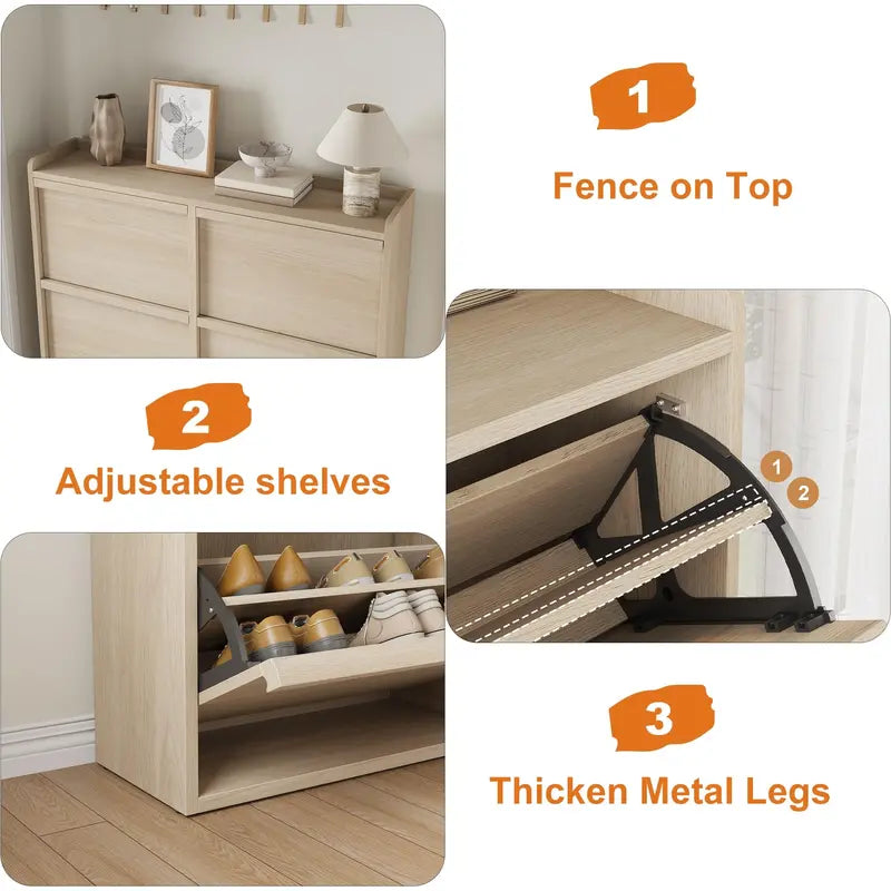 6-Door Wooden Shoe Cabinet - Narrow Rectangular Single Unit Shoe Rack with Adjustable Shelf, Hidden Storage Drawer, Easy Install for Entryway & Hallway, Hidden Drawer
