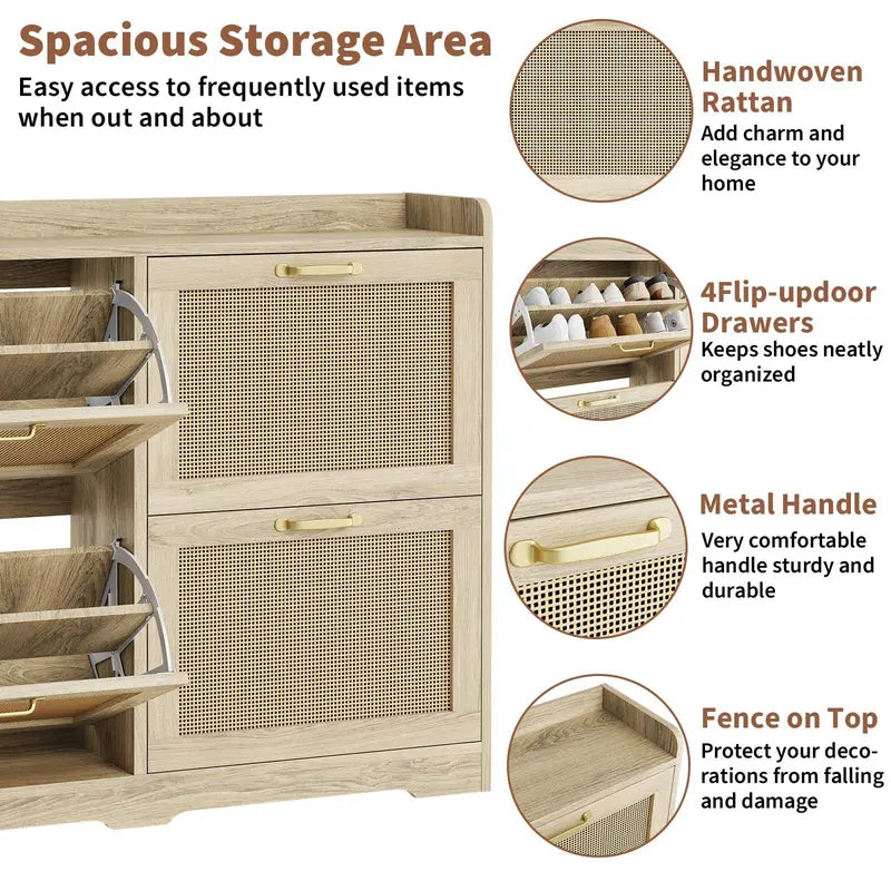 [Fall Sale] 4-Drawer Freestanding Rattan Shoe Rack - MDF Wood, Breathable Woven Panels, Geometric Design, Dustproof, Expandable, Adjustable, Natural-Look Home Organizer for Entryway Storage Solution