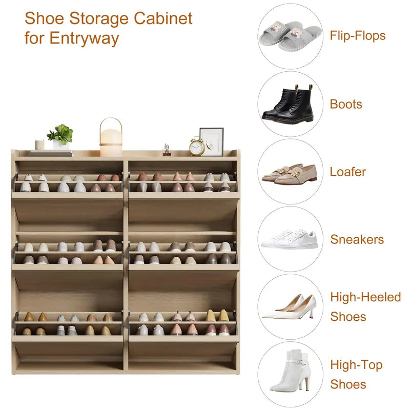 6-Door Wooden Shoe Cabinet - Narrow Rectangular Single Unit Shoe Rack with Adjustable Shelf, Hidden Storage Drawer, Easy Install for Entryway & Hallway, Hidden Drawer