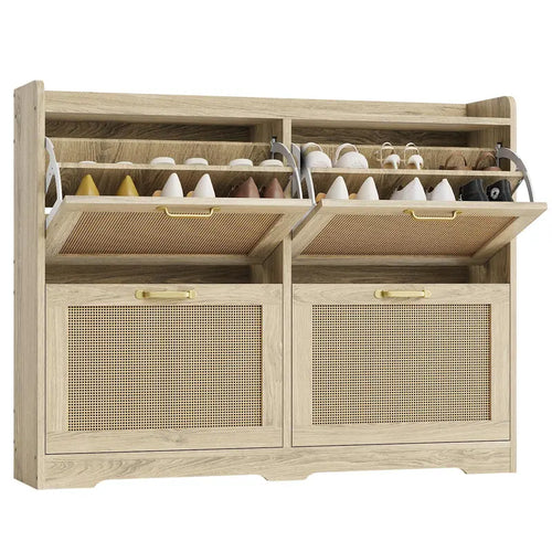 [Fall Sale] 4-Drawer Freestanding Rattan Shoe Rack - MDF Wood, Breathable Woven Panels, Geometric Design, Dustproof, Expandable, Adjustable, Natural-Look Home Organizer for Entryway Storage Solution