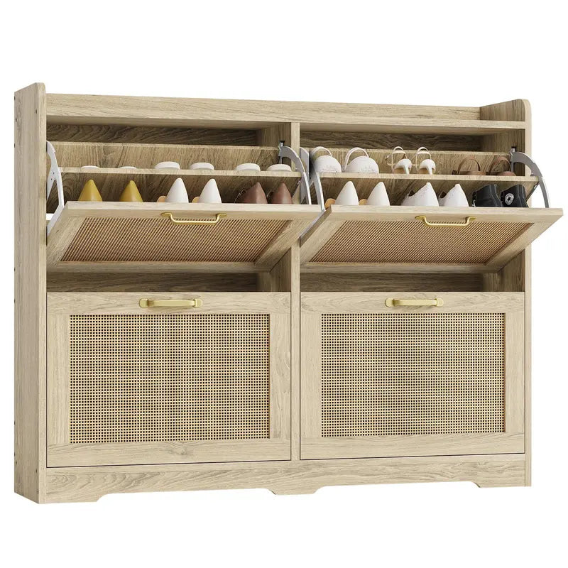 [Fall Sale] 4-Drawer Freestanding Rattan Shoe Rack - MDF Wood, Breathable Woven Panels, Geometric Design, Dustproof, Expandable, Adjustable, Natural-Look Home Organizer for Entryway Storage Solution