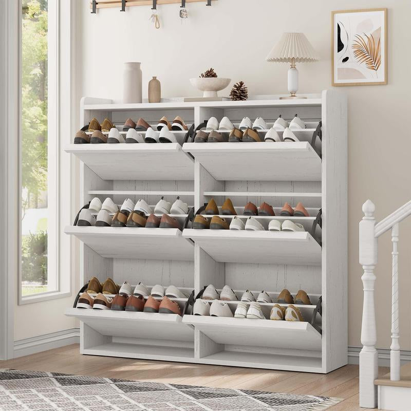 6-Door Wooden Shoe Cabinet - Narrow Rectangular Single Unit Shoe Rack with Adjustable Shelf, Hidden Storage Drawer, Easy Install for Entryway & Hallway, Hidden Drawer
